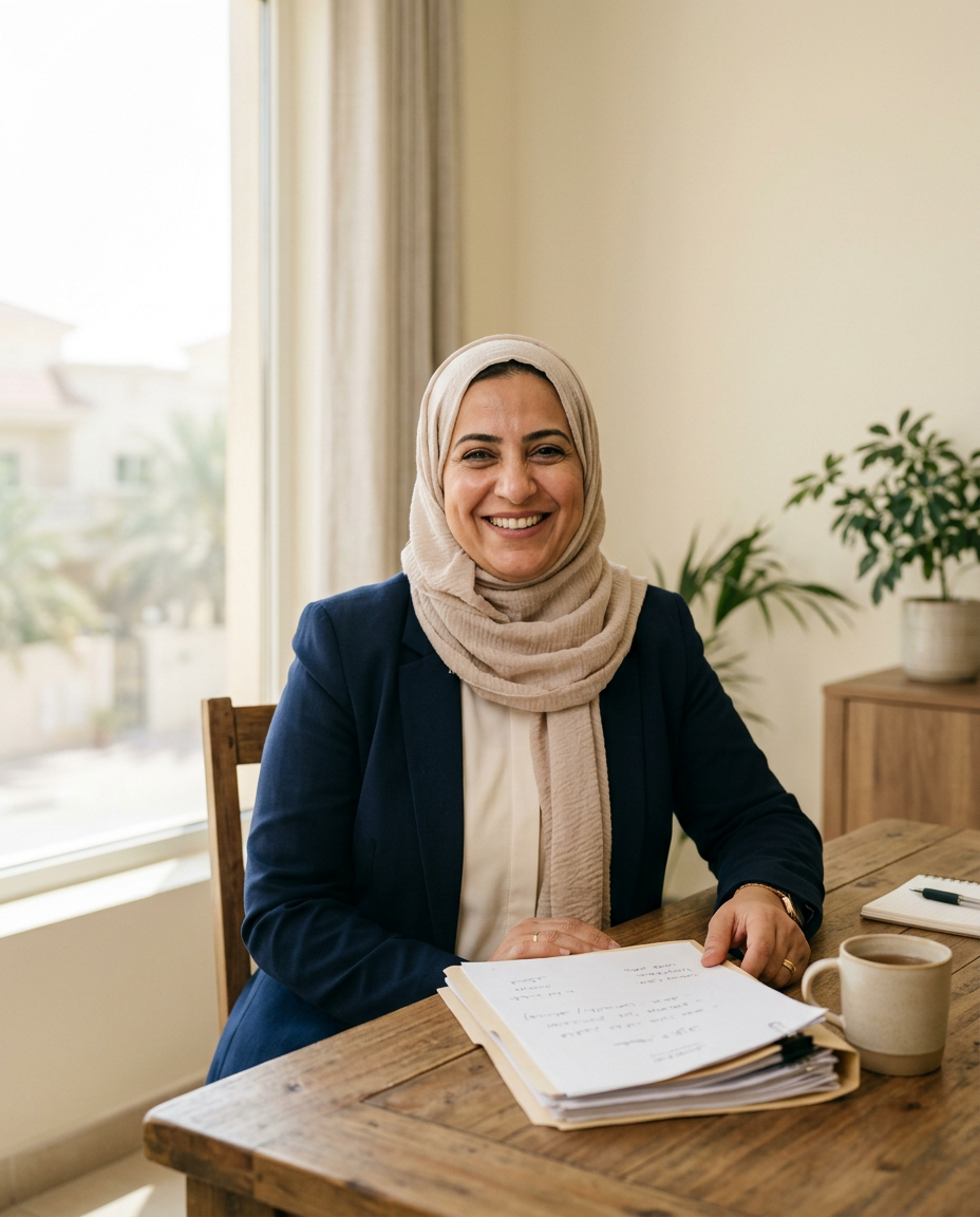 A smiling agency owner at her desk in a Sharjah office, generated image