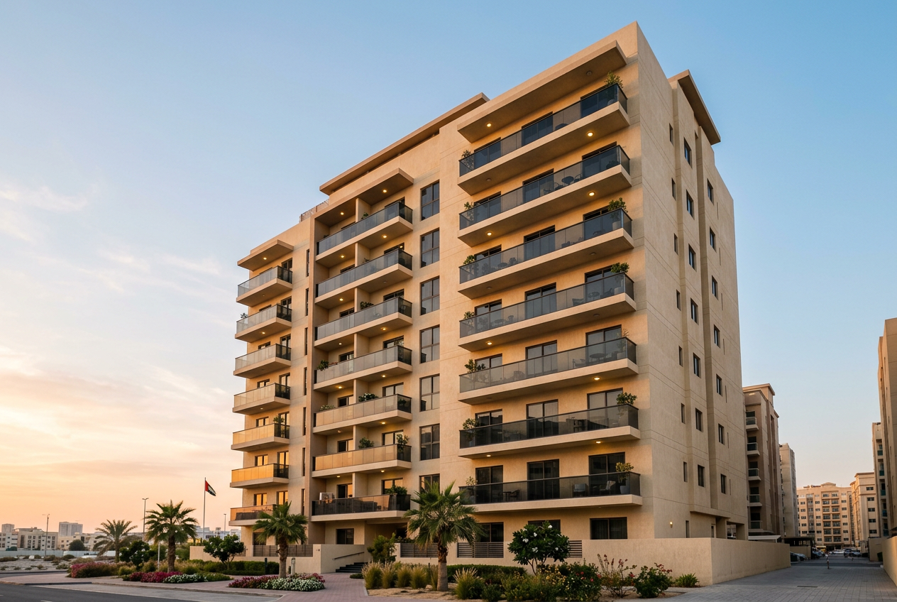 A residential apartment building in Sharjah, generated image
