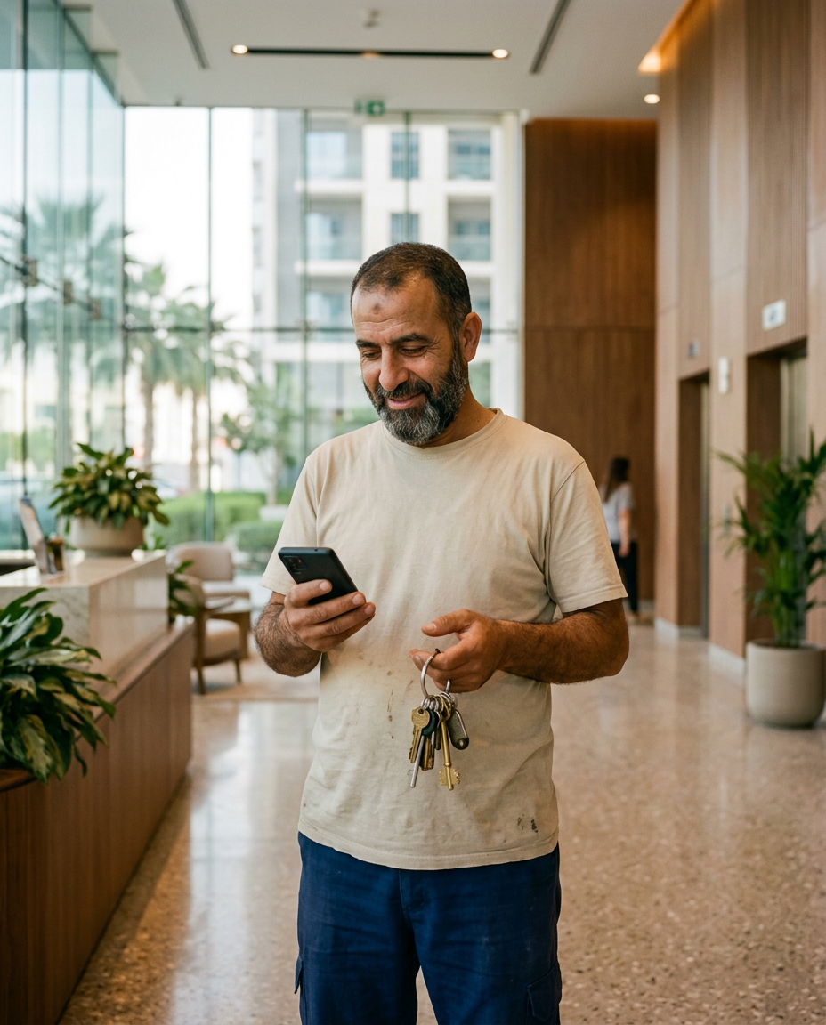 A caretaker in an apartment lobby checking his phone with a ring of keys in hand, generated image