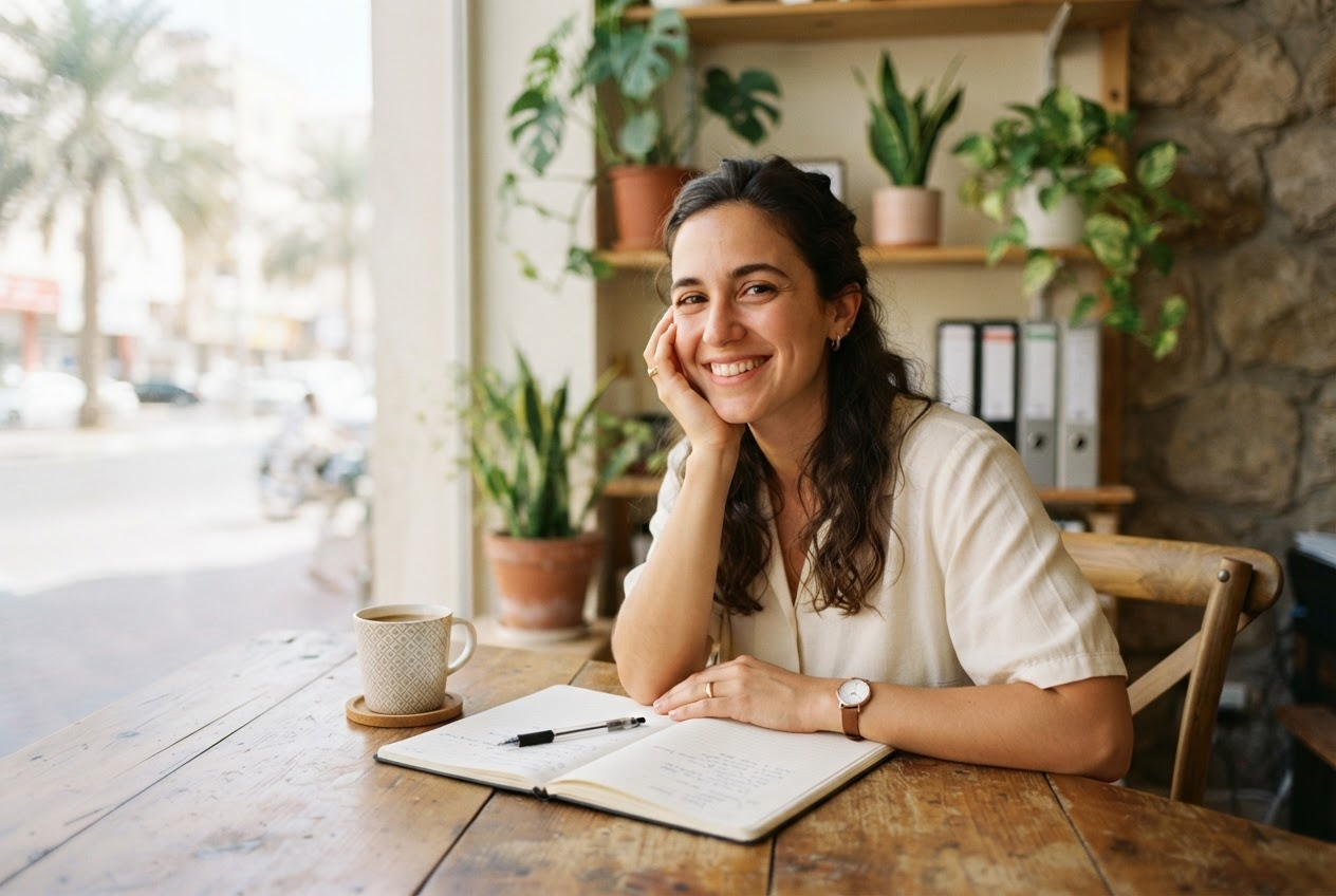A young property office worker smiling at a table with a notebook, generated image