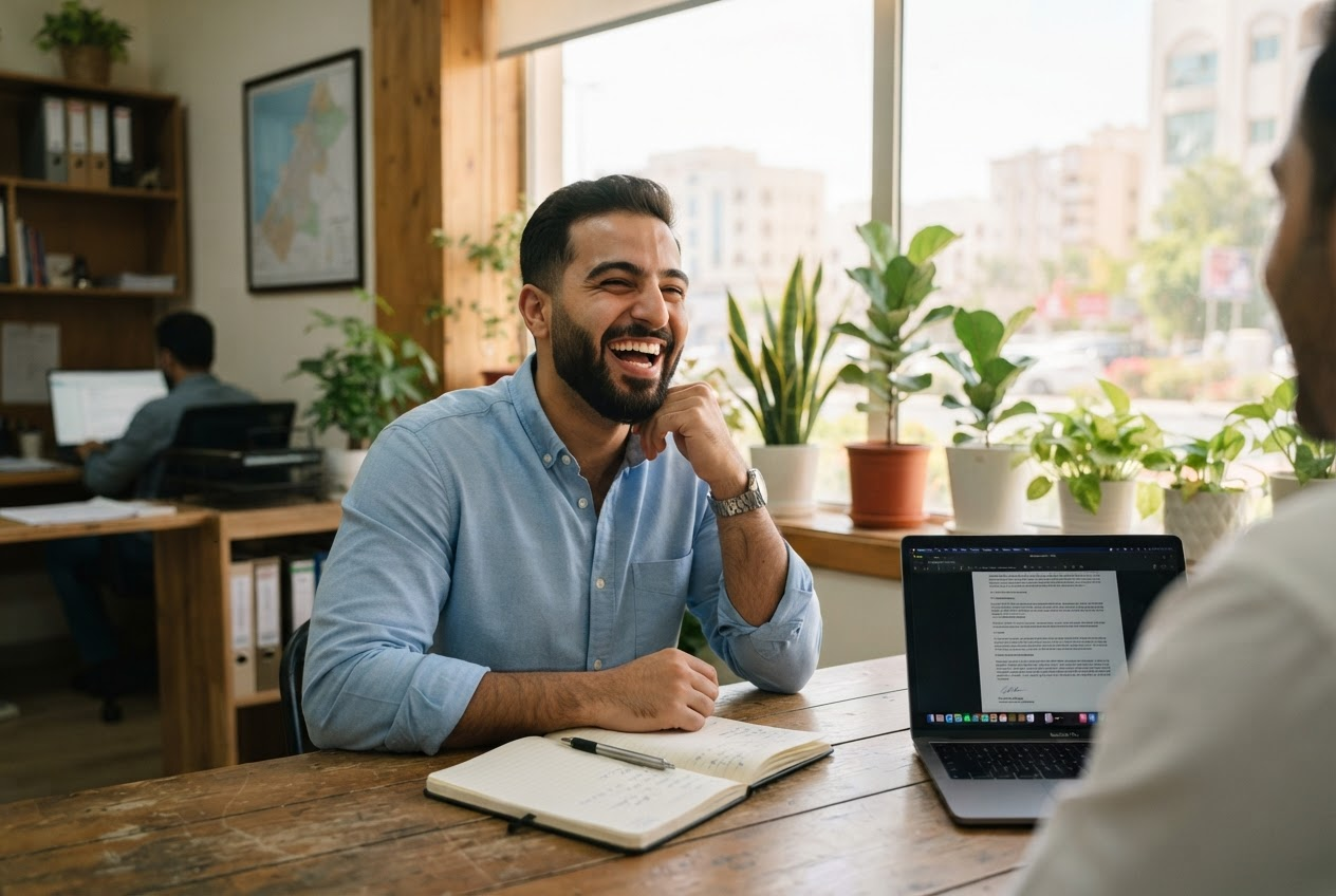 An agency owner laughing at a wooden desk in a bright office, generated image